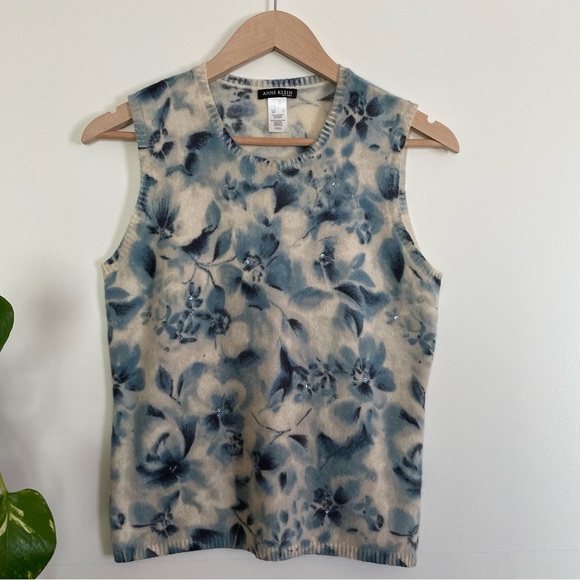 Anne Klein 100% Pure Cashmere 2pc Sweater Set Blue Floral 3/4 Sleeves Size L - Picture 11 of 17